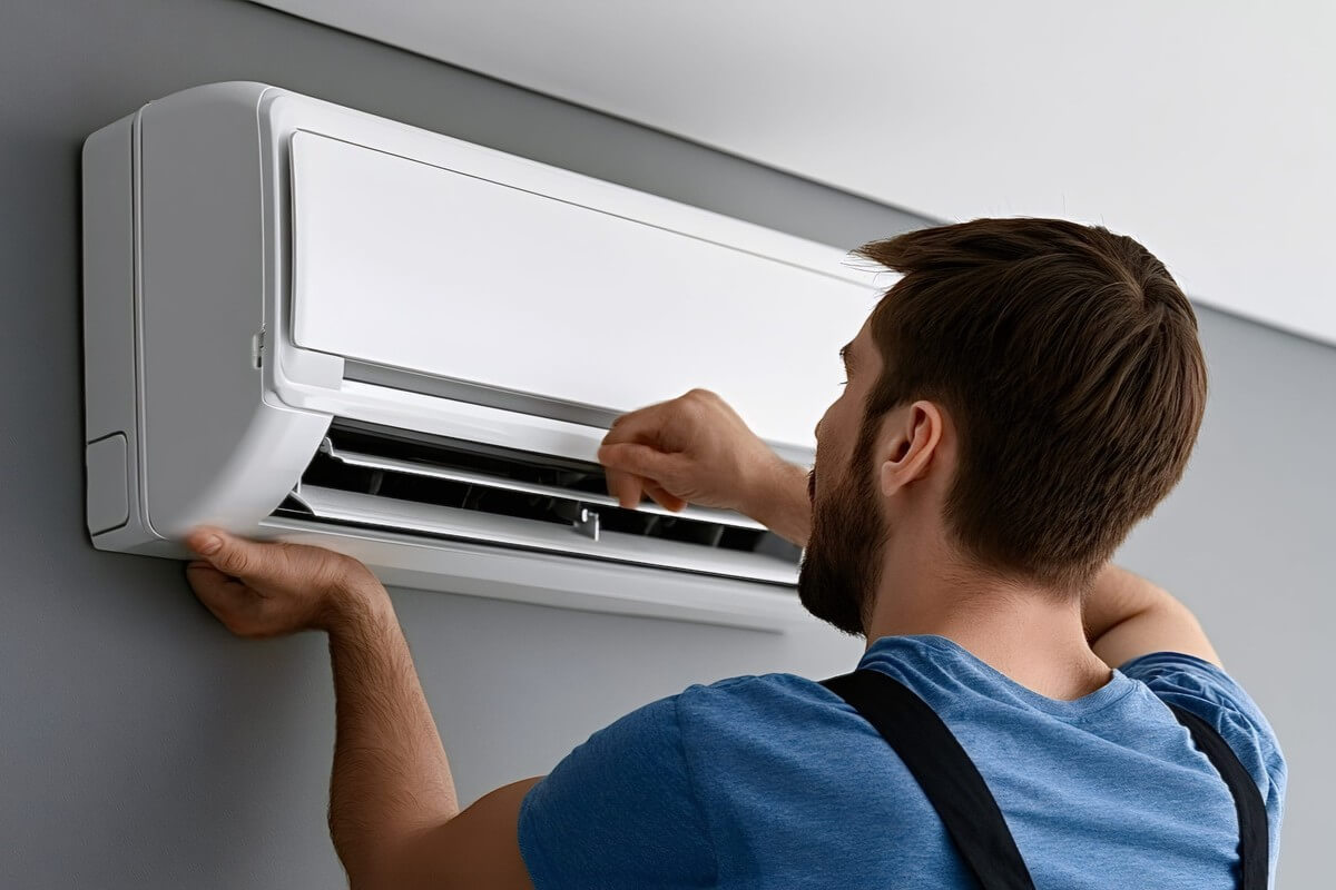 Ein Techniker installiert an einer Wand eine Klimaanlage.