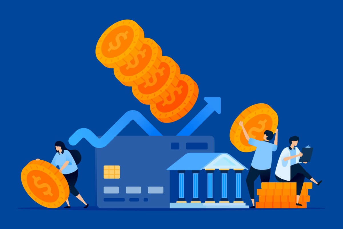 Illustration mit Geldmünzen und Elemente einer Bank für ein kostenloses Girokonto.
